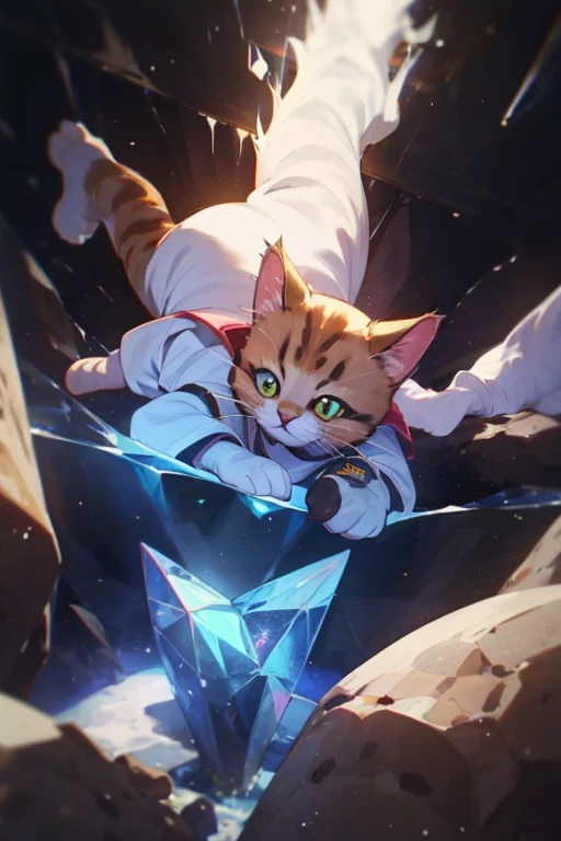 cat astronaut using astronaut robes inside a crystal cave