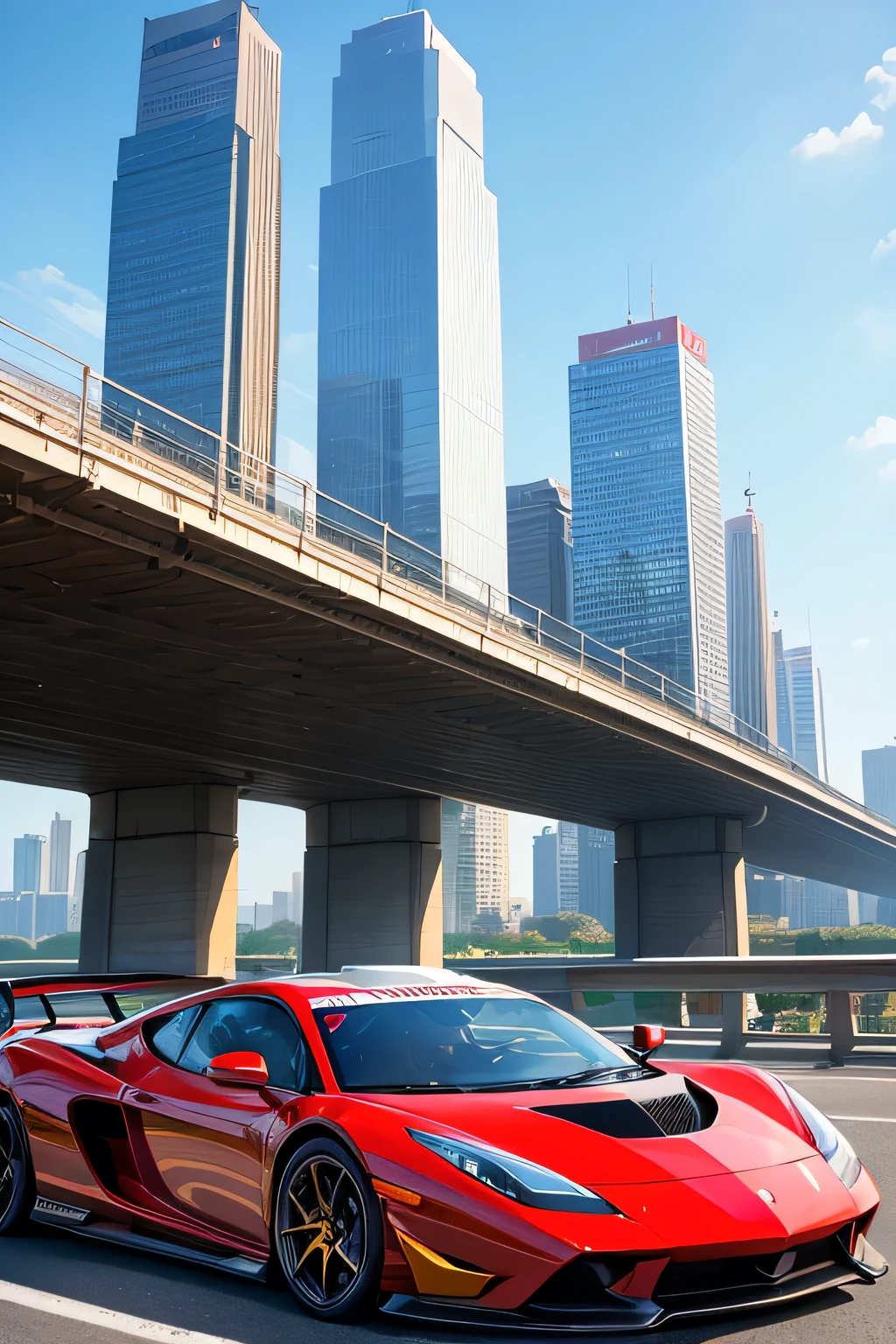 Super bright and modern metallic-vermillion racing car is running on the expressway,
City of high transportation technology complex, skyscrapers , and towers,
Good green environmental atmosphere,
Morning sunlight with blue sky and white cloud