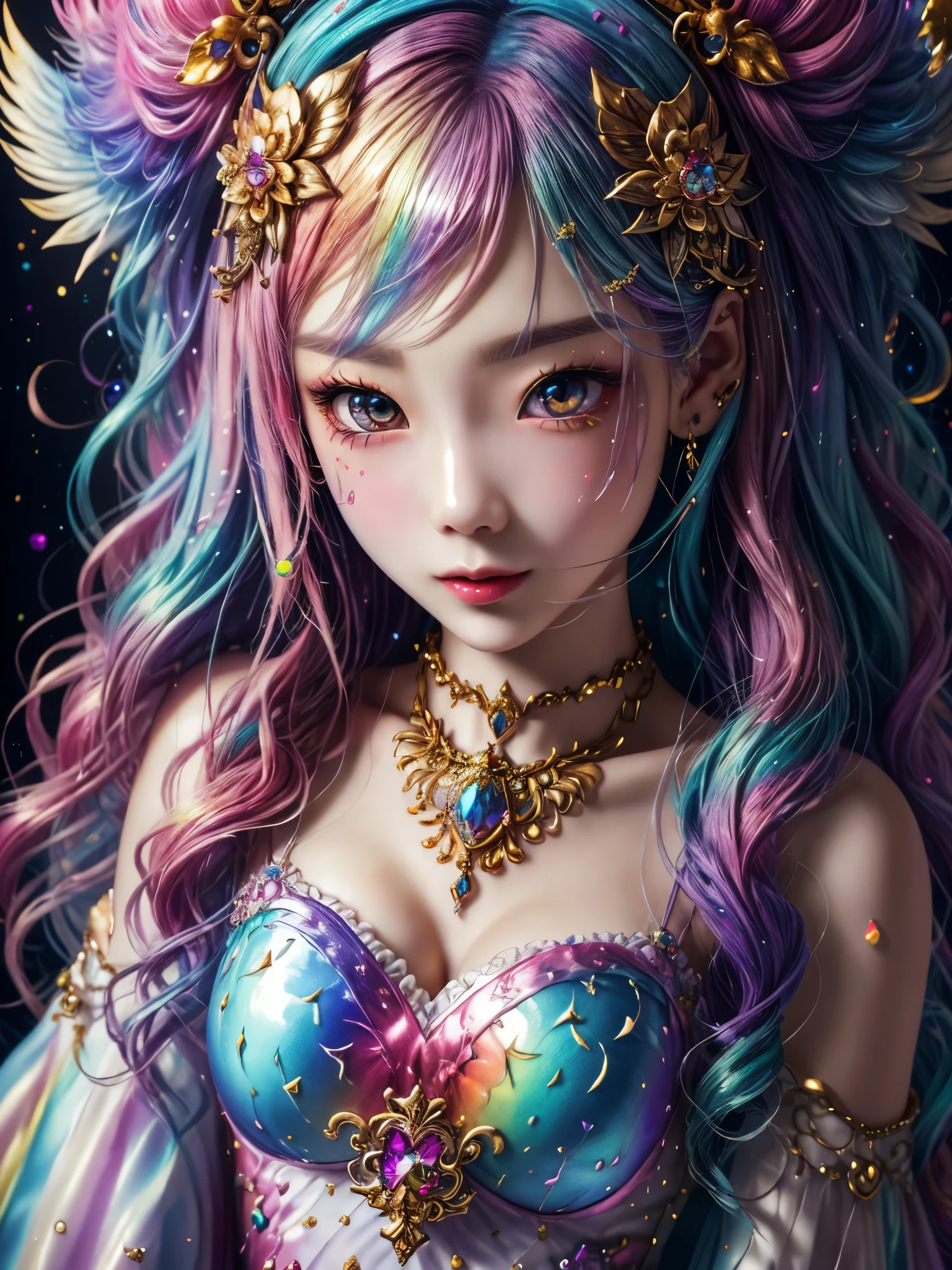 this artwork should be colorful and evoke feelings of euphoria and ecstasy. generate a beautiful fantasy woman with an interesting and dynamic manic expression. the woman is dressed in the style of harajuku decora fashion. there are many intricate and highly detailed decora fashion accents. clothing is ornate and extravagant with contrasting colors, textures, and patterns. include strong influences from lisa frank. include many awe-inspiring fantasy elements. ((include phantasmal iridescence, crystals, bumps, and rainbow colors that drip like paint through the artwork.)) rainbow paint should drip through hair and onto face and body. pay particular attention to a beautifully detailed face with realistic shading. include 8k eyes, highly detailed eyes, realistically detailed eyes, macro eyes, bright eyes. the overall feeling of this artwork should be happiness and excitement. the artwork should be highly ornate. impress me. the artwork should be highly creative and ultra ornate. include many decora decorations and accessories. (fantasy00d), high quality, highres, detail enhancement