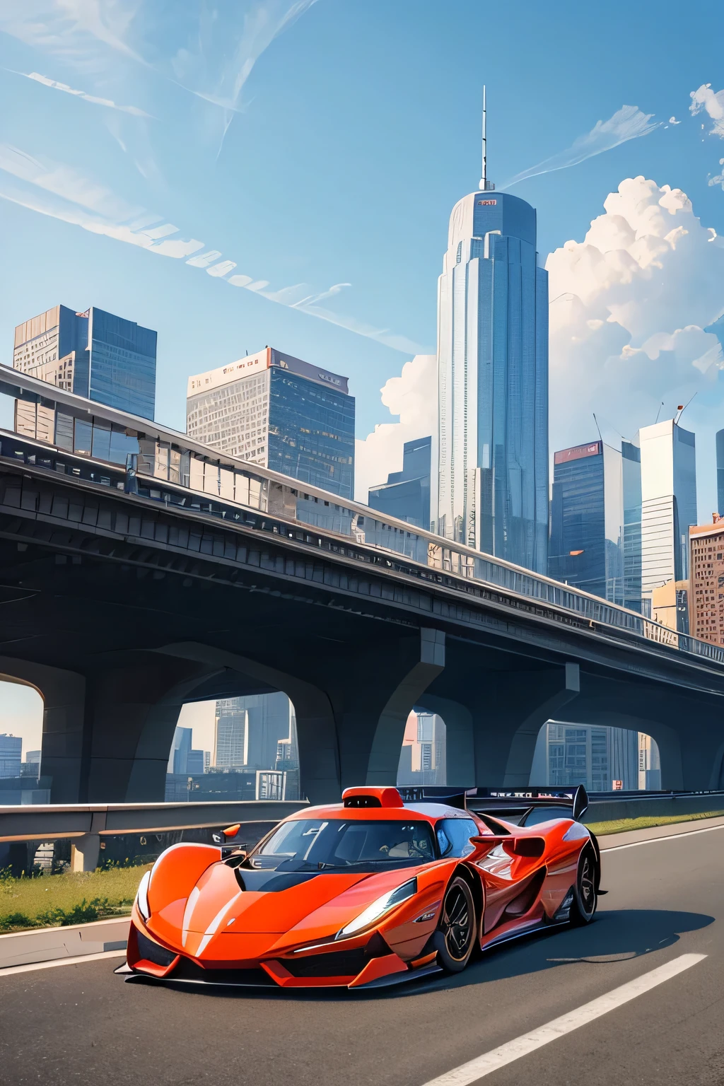 Super bright and modern metallic-vermillion racing car is running on the expressway,
City of high transportation technology complex, skyscrapers , and towers,
Good green environmental atmosphere,
Morning sunlight with blue sky and white cloud