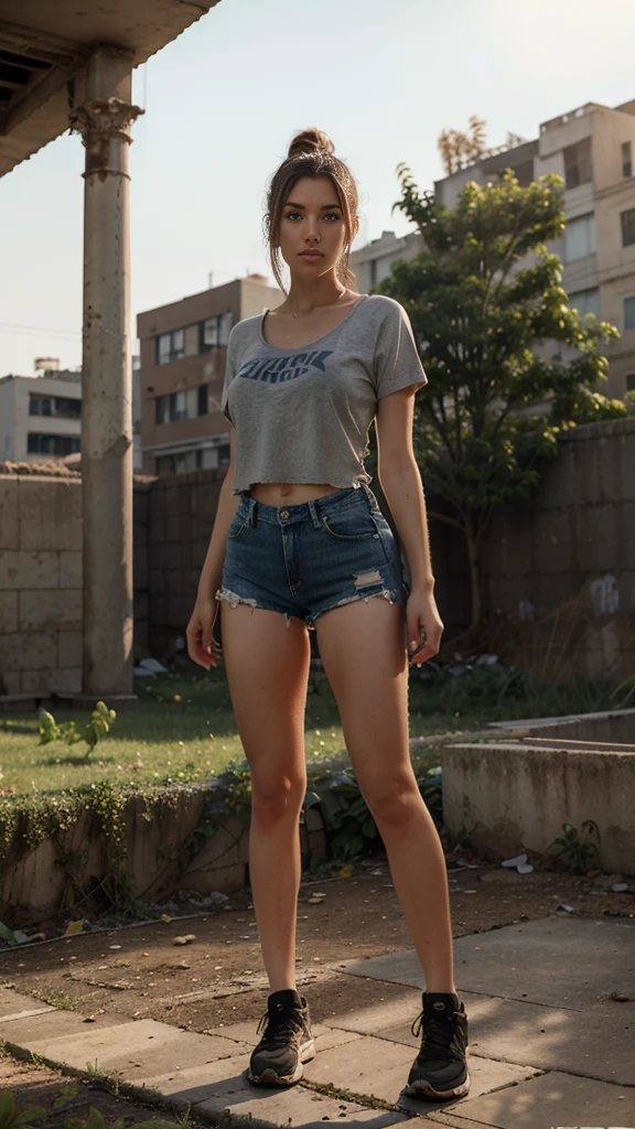 2076 year. N.uh. The Urban Ruins of the Wasteland, Female huntress picking fruit in the garden, beautiful face, torn shirt and denim shorts , long legs, sweating through, sun rising, Nice warm colors, head to toe full body shot