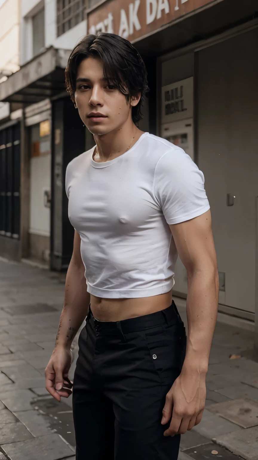Un joven musculoso, pero sin ser rebusto, con pectorales marcados, que vista una camiseta negra con mangas largas y que le cubra el cuello, todo esto pegado al cuerpo, He also wears wide black pants and white military boots covering below his knee.. He has black hair and it looks wet and messy., no tan largo, tiene facciones como las de Jungkook de BTS