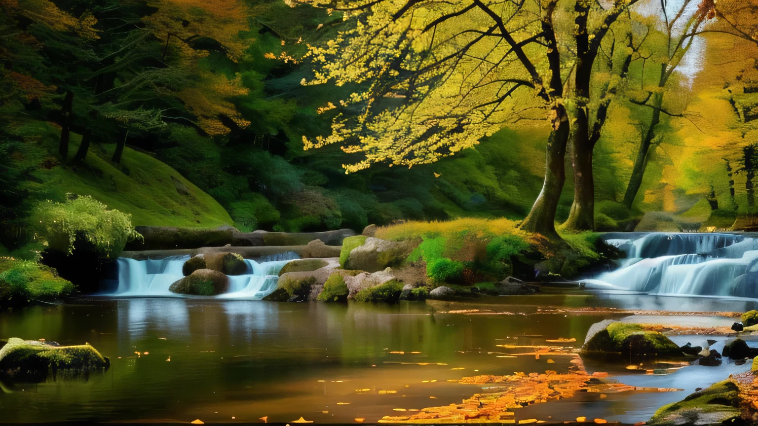 trees and bushes are in the foreground of a stream, nature wallpaper, nature scenery, peaceful beautiful waterfall, peaceful landscape, stunning nature in background, gentle sparkling forest stream, peaceful and serene, natural landscape beauty, peaceful environment, beautiful wallpaper, vibrant water river, beautiful forest scenery, autumn tranquility, majestic nature scenery, river in a forest, beautiful nature, beautiful serene landscape