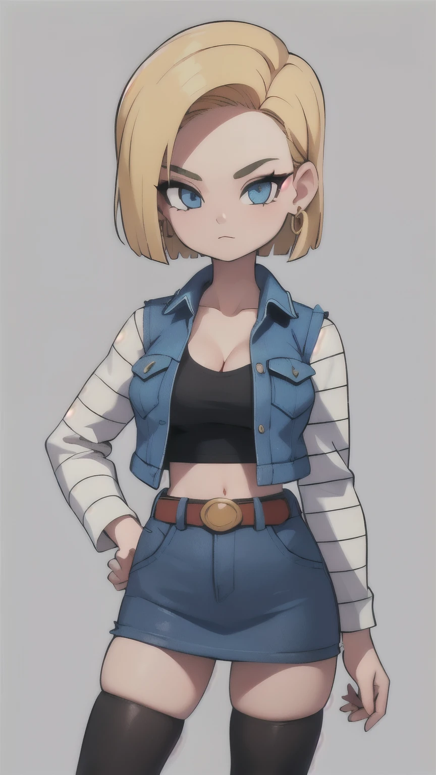 (masterpiece, best quality), android 18, slender, Standing like a model, blonde hair, blue eyes, eyelashes, hoop earrings, white headphones, short hair, earrings belt, black legwear, black cropped shirt, breast pocket, cleavage, collarbone, denim vest, denim high-waist skirt, jewelry, long sleeves, pocket, striped sleeves, 4K