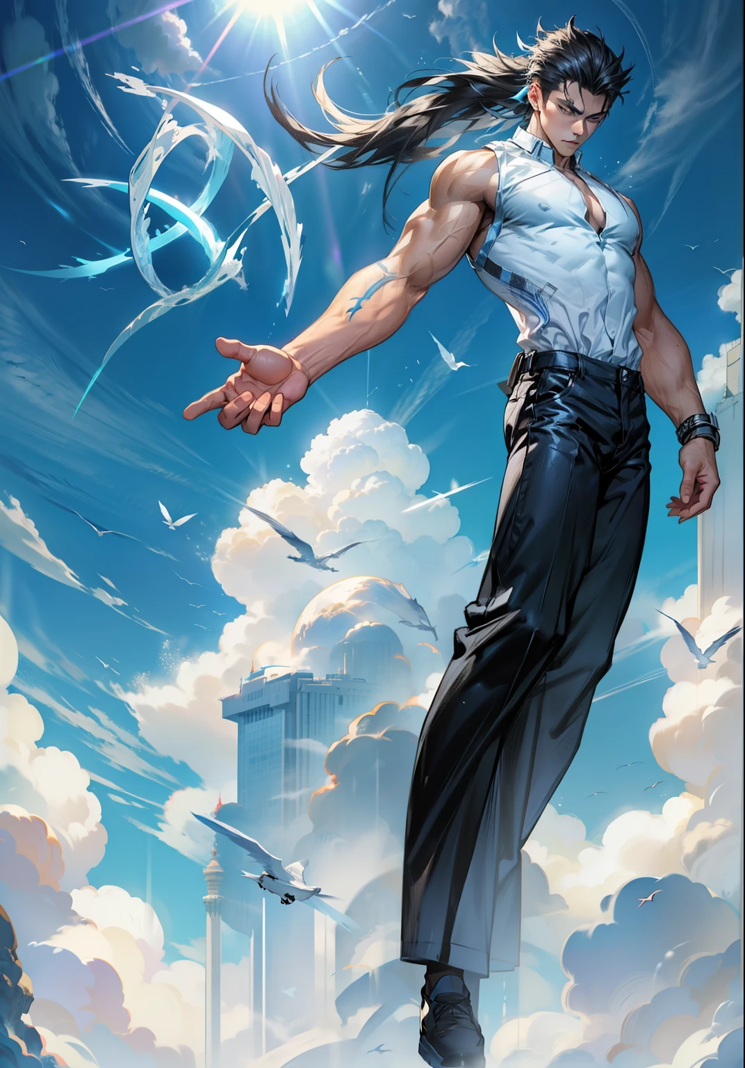 boys 26 Years old, Serious face, wearing white singlet shirt, black pants, levitate on sky, blue sky, cloud