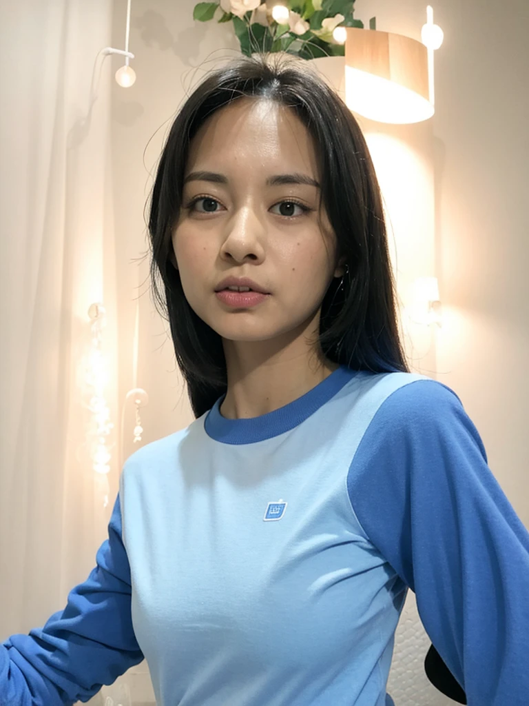 best quality, ultra high res, (photorealistic:1.4), 1girl, a woman and a blue and white long sleeve tshirt, looking at the camera, pokerface , solo focus, ((arms down, arms at the side)), looking at viewer,(ulzzang-6500-v1.1:0.2)