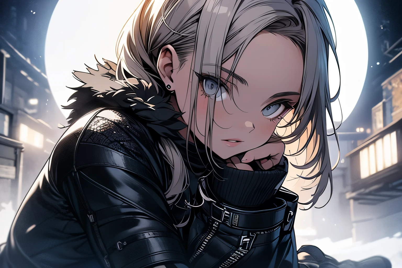 Original photo, best quality, full body photo), (Realistic, photo fidelity: 1.3), (Extremely delicate and beautiful: 1.1) 1 woman chiseled physique and wide hips, leggings, pleated skirt, sports top, high ponytail, high boots, long fur jacket, on a hazy moonlit night in a ghost town, monochrome style, line art, detailed face, detailed eye's, detailed lips, wide hips