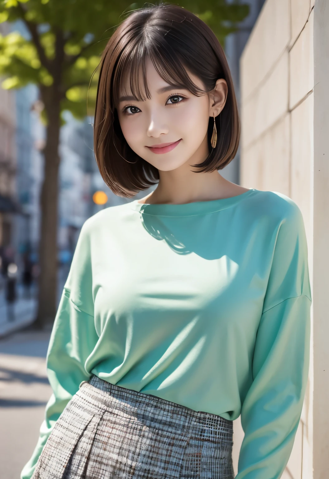 (masterpiece, best quality:1.1), (8k, raw photo, photo realistic:1.2, f22), (shiny skin), detailed skin,Medium Bob,detailed face, detailed eyes, smile,BREAK, real world, intricate details, smil, BREAK, 1girl, (Check pattern,skirt), BREAK, (city:1.4), BREAK