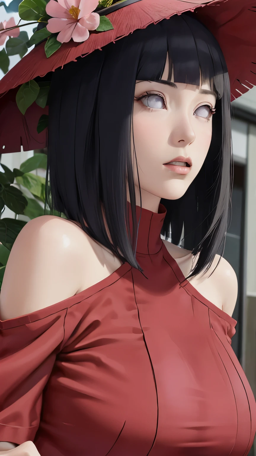 hat (((red clothes)))masterpiece, absurdres, hinata\(boruto\), 1girl, solo,mature female, off-shoulder crop top, looking at viewer, (falling petals), perfect composition, detailed lips, big breast, beautiful face, body propotion, blush, (pink lips), long hair,  purple eyes,  soft gaze,  super realistic, detailed, photoshoot, realistic face and body,  expression, seductive expression,(very huge bare tits)( red microdress )