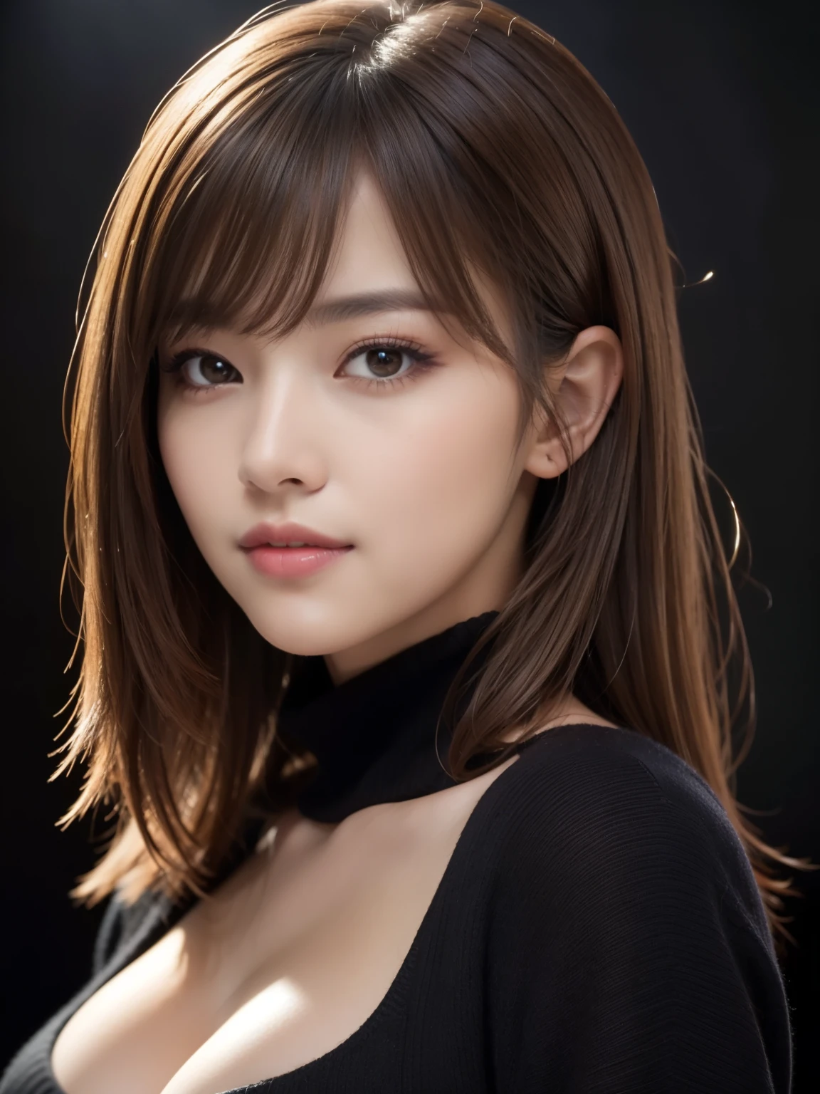 masterpiece, best quality, ultra-detailed, intricately detailed hyperdetailed, realistic, sharp features, highly detailed, sharp focus, perfect face, perfect face, perfect symmetrically perfect eyes, perfect full lips, flexible female form, cinematic, film light, hyper detailed, hyper realistic, high resolution, vibrant, dynamic studio lighting, ((Dark background)), (discret smile), light brown hair, asymmetrical hair, asymmetrical bangs, messy hair, Exposed cleavage, brown Eyes, black sweater, cowboy shot,