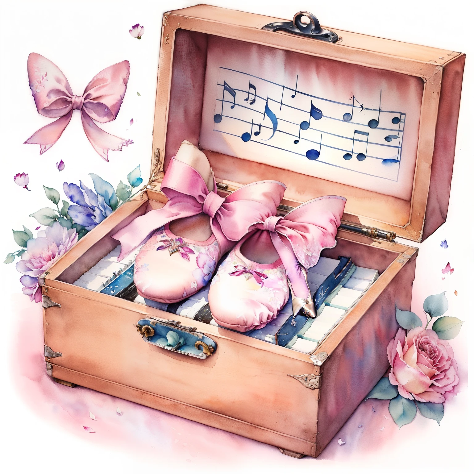 (arte aquarela), realista, detailed ballet slipper,  com caixa de musica vintage,  8k
