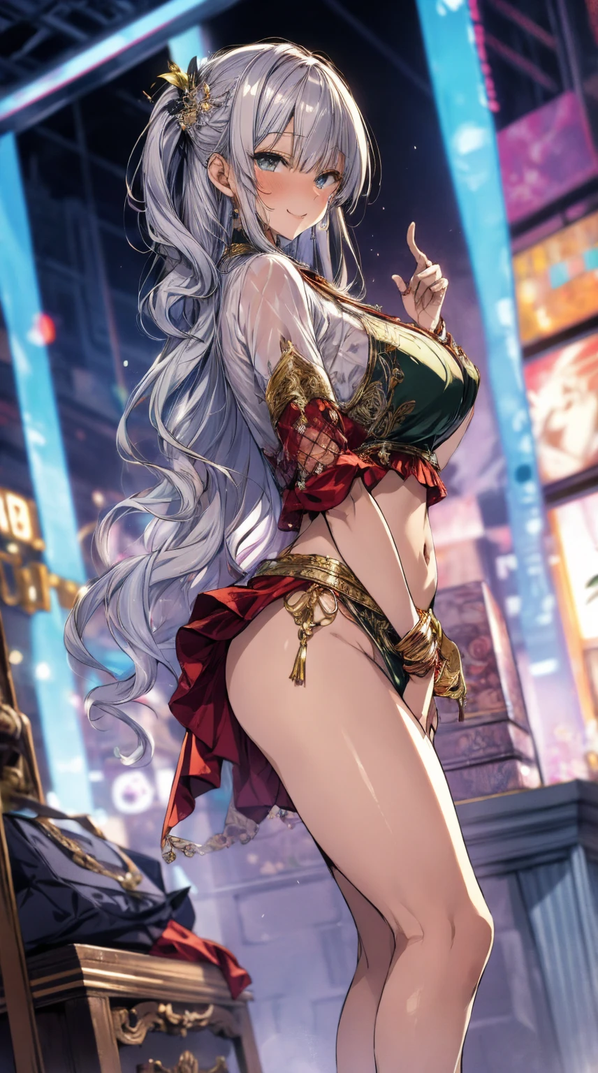 ((Ultra-high resolution, 8k RAW photo, Surreal)), ((Correct Anatomy:1.5, Ideal body type, Long legs:1.37)), Dancing Oppai gal, Dancing, Shake , Take a strong step, (Lift your legs:1.2), Floating Turn, Turning, Twisted body, Long Wavy Hair, Silver Hair, Crimson mesh hair, Floating Hair, Fluttering Hair, (High resolution face, Highly detailed eyes), (software:1.25), Belly dance, Arabic, Turquoise green outfit, Clothing and accessories with intricate detailing, Transparent clothes, Mesh robe, Great festival show, indoor, In the temple, Special altar, Sexy Dance, Lean back, Showing off your crotch, Looking at the audience, Sexy smile, Dutch Angle, From below, Side view, floating extra Transparent clothes, splash, Bokeh, extra floating Transparent clothes,