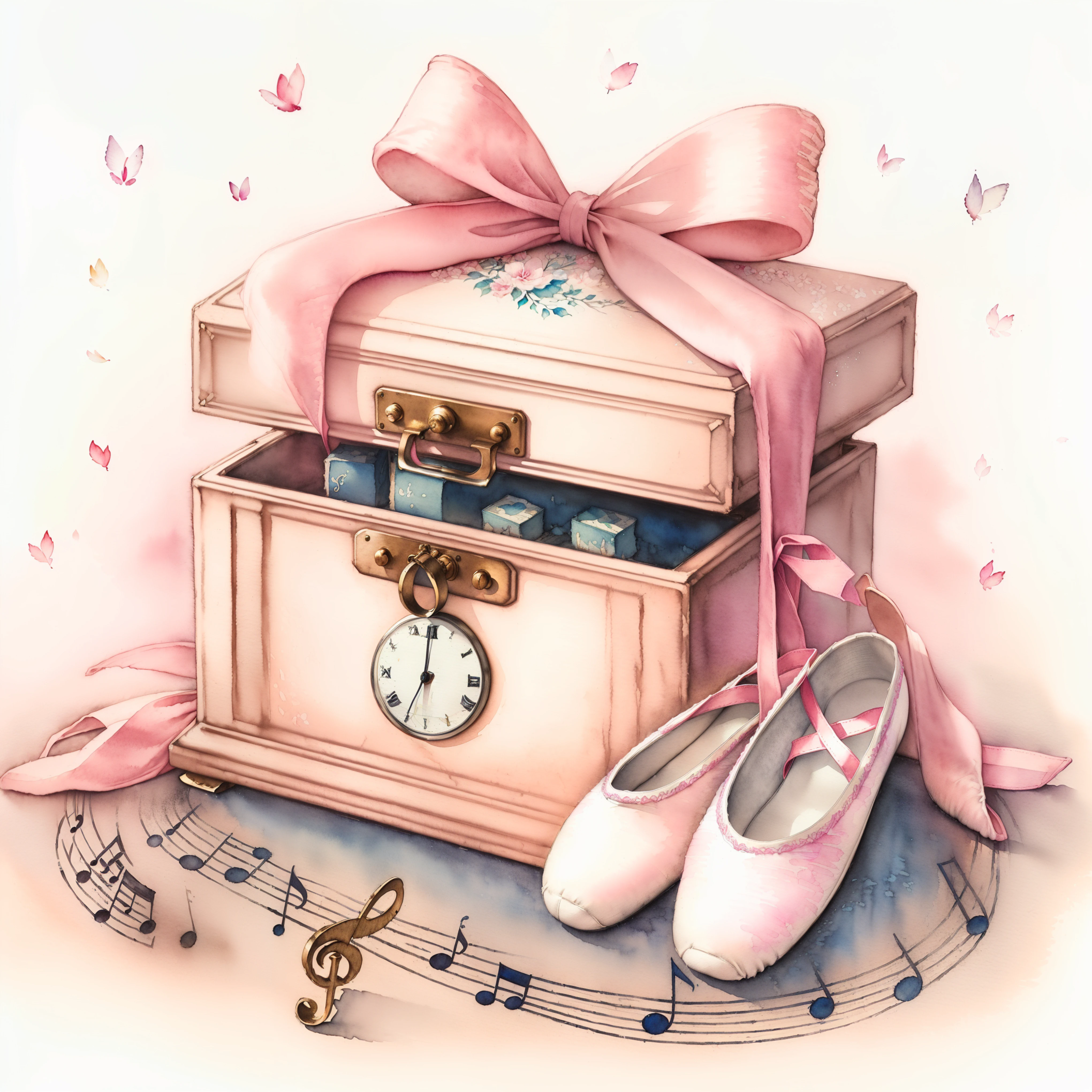 (arte aquarela), realista, detailed ballet slipper, com caixa de musica vintage, 8k