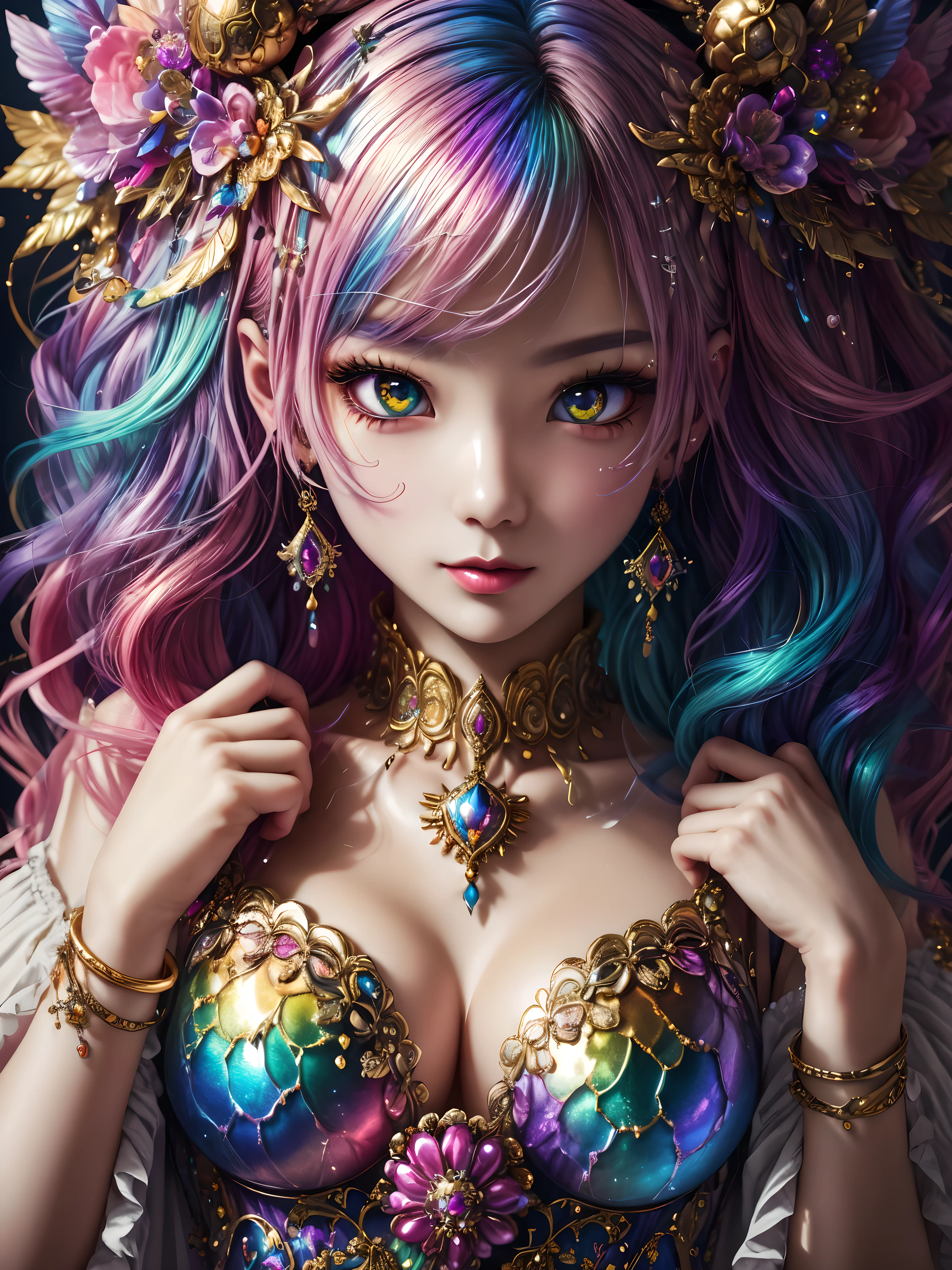 this artwork should be colorful and evoke feelings of euphoria and ecstasy. generate a beautiful fantasy woman in her 40s with an interesting and dynamic manic expression. the woman is dressed in the style of harajuku decora fashion. there are many intricate and highly detailed decora fashion accents. clothing is ornate and extravagant with contrasting colors, textures, and patterns. include strong influences from lisa frank. include many awe-inspiring fantasy elements. ((include phantasmal iridescence, crystals, bumps, and rainbow colors that drip like paint through the artwork.)) rainbow paint should drip through hair and onto face and body. pay particular attention to a beautifully detailed face with realistic shading. include 8k eyes, highly detailed eyes, realistically detailed eyes, macro eyes, bright eyes. the overall feeling of this artwork should be happiness and excitement. the artwork should be highly ornate. impress me. the artwork should be highly creative and ultra ornate. include many decora decorations and accessories. (fantasy00d), high quality, highres, detail enhancement