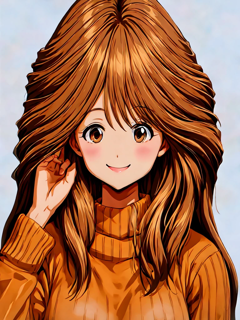 1girl, solo, looking at viewer, smile, brown hair, long sleeves, brown eyes, upper body, hand up, medium hair, sweater