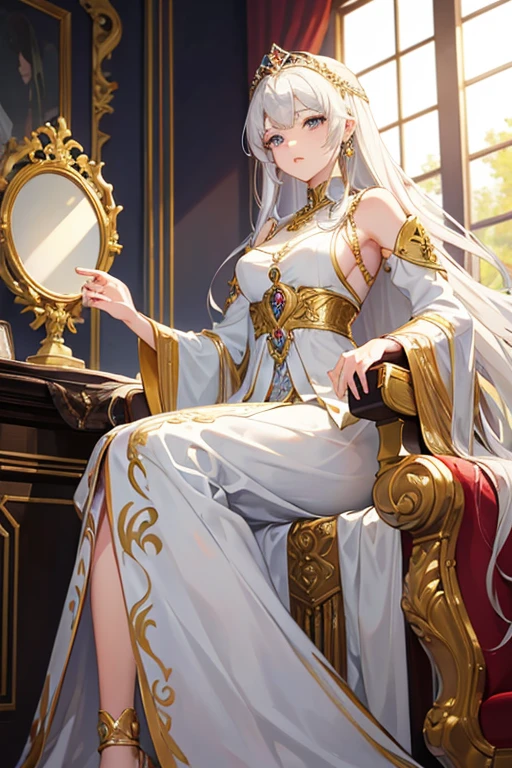 (best quality, masterpiece:1.2), detailed, perfect face anime style, full body portrait, 39-year-old queen with white hair and light gray eyes, elegant queenly dress, sitting on a golden throne,  regal expression, peaceful atmosphere