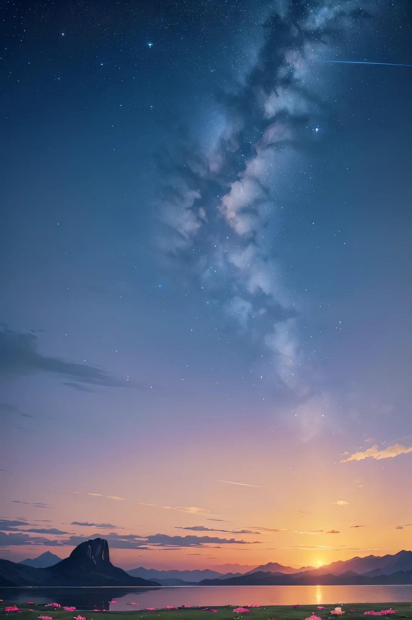 (breathtaking view of a skyscape,ethereal,soft lighting,dreamy atmosphere,heavenly,serene,celestial beauty,ethereal glow,airy,peaceful,blissful,divine,happy,evocative,heavenly white,highres:1.2),vivid colors,clouds bathed in golden light billowing across the horizon,pastel hues painting the sky,pinks and purples blending seamlessly,gentle wisps of clouds floating in the air,tranquil sea reflecting the serene sky,majestic mountains in the distance, towering into the heavens,a carpet of flowers in vibrant hues adorning the meadow, butterflies gracefully dancing in the gentle breeze,birds soaring through the sky, their wings outstretched in freedom,the sun casting a warm, ethereal glow, illuminating the whole scene,silhouettes of trees swaying gently, their branches reaching towards the sky,stars twinkling like diamonds in the night,creating a breathtaking spectacle in the celestial realm.