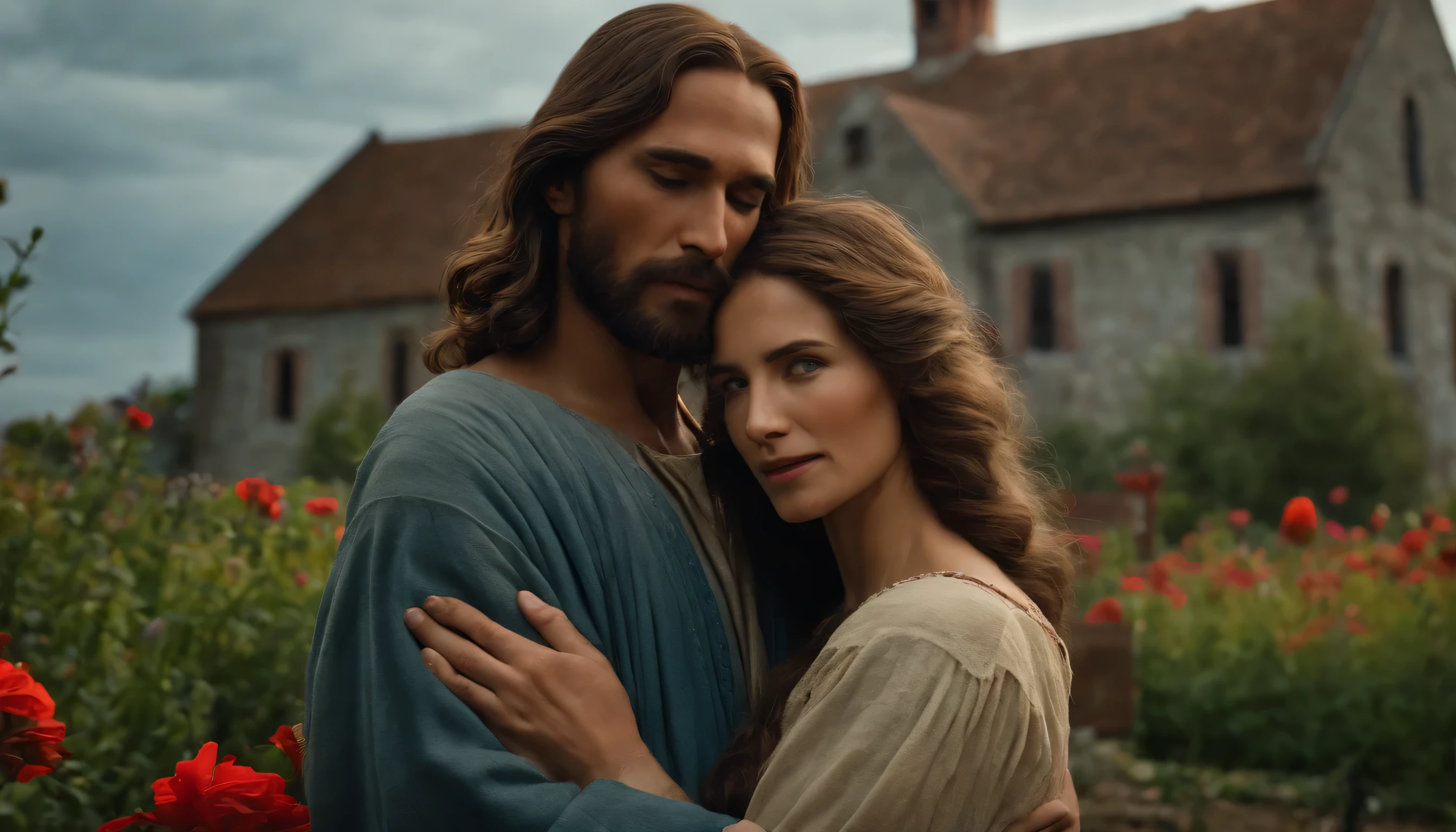 Create a high resolution image of Jesus holding a sad woman's face. They wear old clothes and are in front of an old house with a beautiful flower garden.