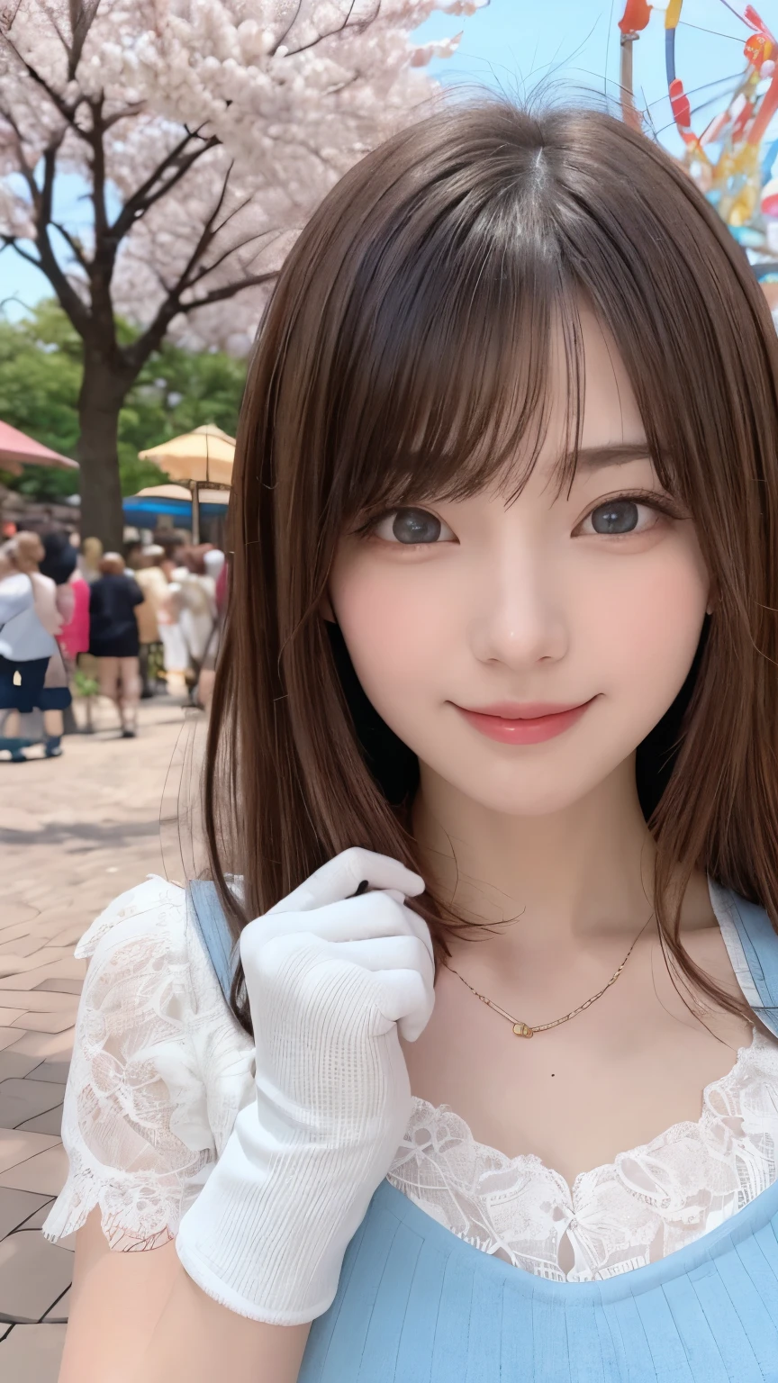 one girl, (a beauty girl, delicate girl:1.3), (14 years old:1.3),
break, (spring, Colorful clothes:1.3),
break, (amusement park:1.3), (Cherry blossoms fall:1.3), (wool gloves), perfectly trimmed fingers,
break, Extremely fine resolution, (Symmetrical eyes:1.3),
break, Small ???????, Brown eyes, parted bangs, brown hair,  girl,
break, (Eye and facial details:1.0), (Get closer to the face, Make your face bigger, Face Focus:1.0),Face close-up,
break, (masterpiece, highest quality, Very detailed, Detailed face, 8k),SakuraFubuki,Cherry blossom petals,smile,Random Pause、blue eyes、white gloves,ponytail、SakuraFubuki、gloves、break,look back,smile、closeup shot , (masterpiece、highest quality、Official Art:1.2)、(colorful)、Seeing the viewer、1 girl、Portraiture、alone、Colorful floating objects 、peekaboo、touching hair、balloon、amusement park、festival、White dress、Hurrah!、bye bye、Random pose