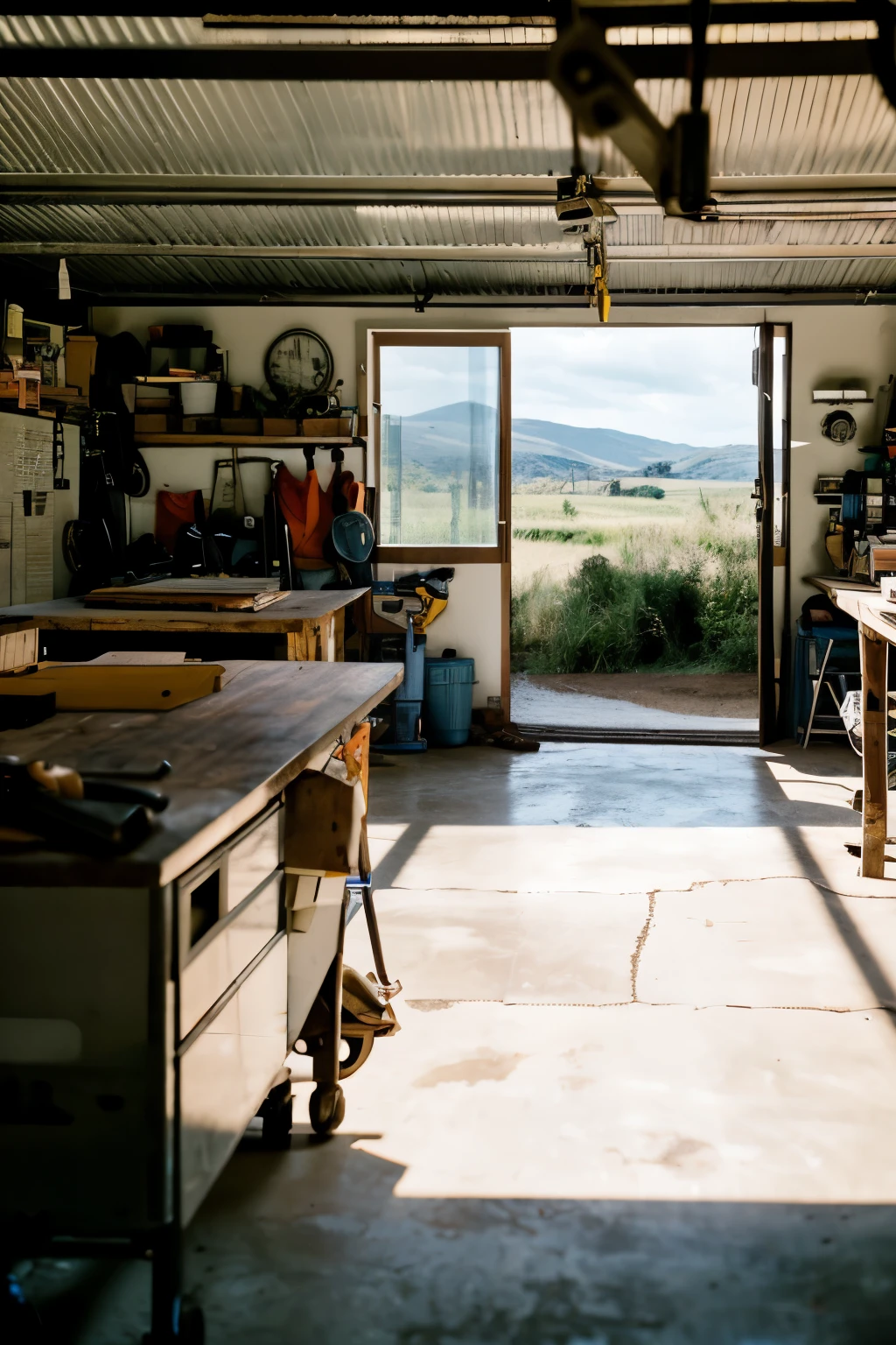 the inside of a garage/workshop filled with tools with the door open and with a rural landscape in the background. the background should be somewhat blury.
