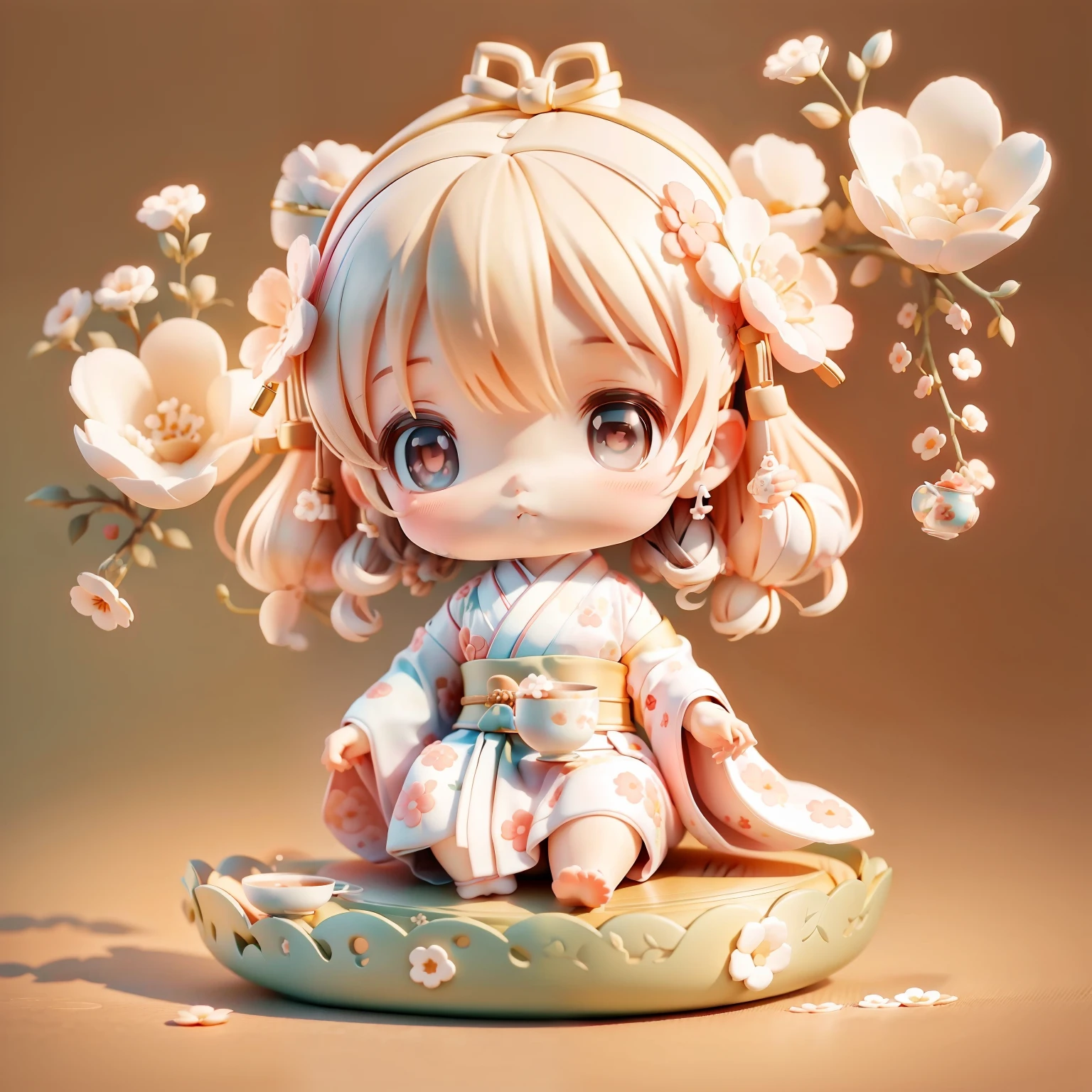 Sitting Cute Chibi Baby Anime、Wear a kimono with a floral pattern、drinking a cup of tea