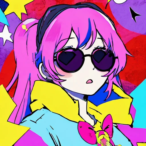 Trippy anime girl with sunglasses, chaotic, simple colors