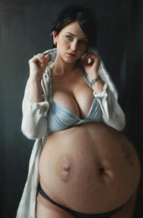 attractive 30 year old pregnant tomboy, huge pregnant belly, cleavage, voluptuous, short hair, tattoos, freckles, blue eyes