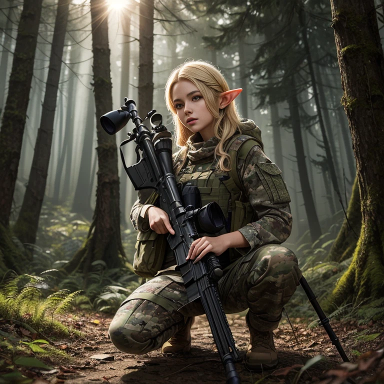 very beautiful elf girl, blonde, young, in camouflage clothes, Stunning, sniper rifle, realistically, professional photo, dark forest, Sun glare, detailing