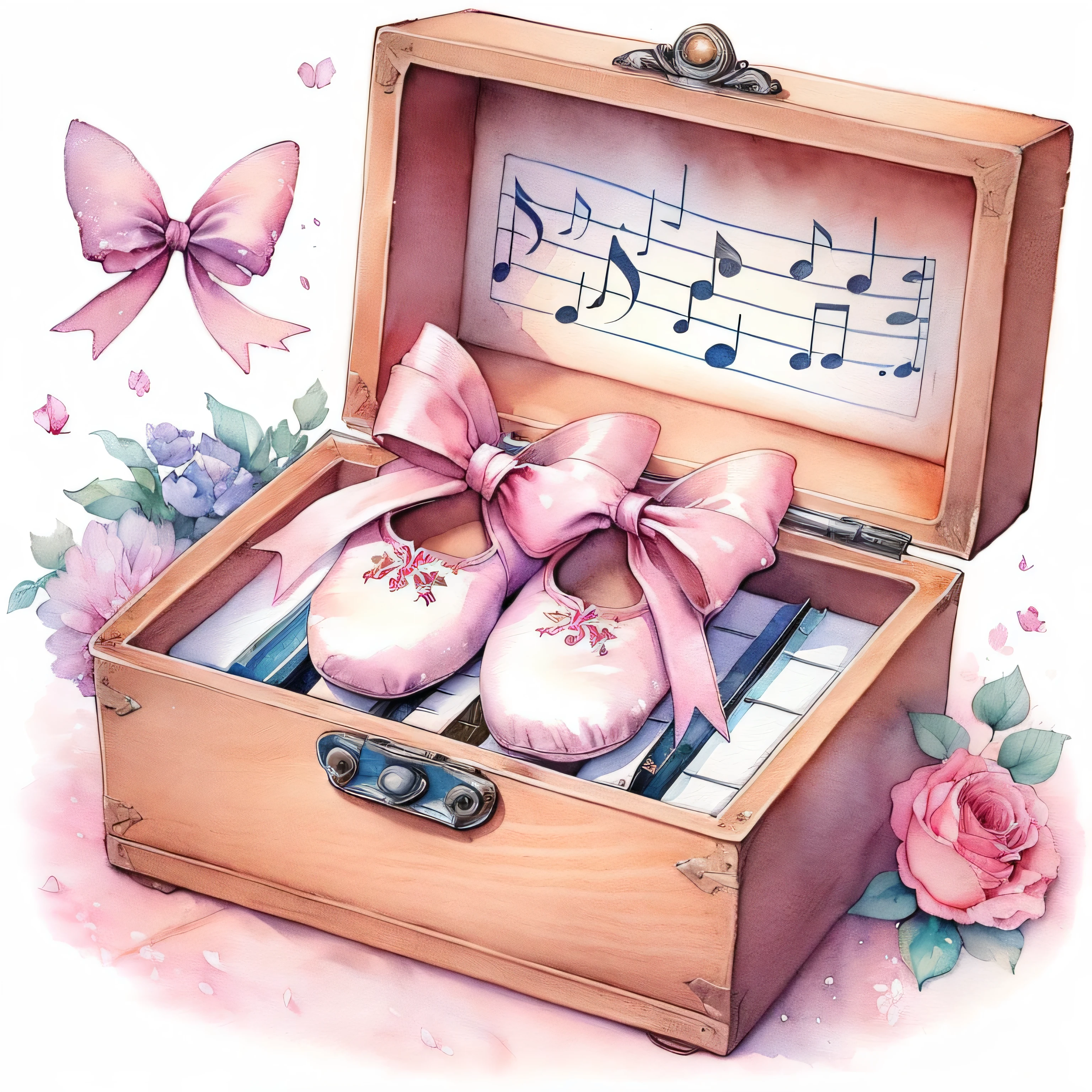 (arte aquarela), realista, detailed ballet slipper, com caixa de musica vintage, 8k