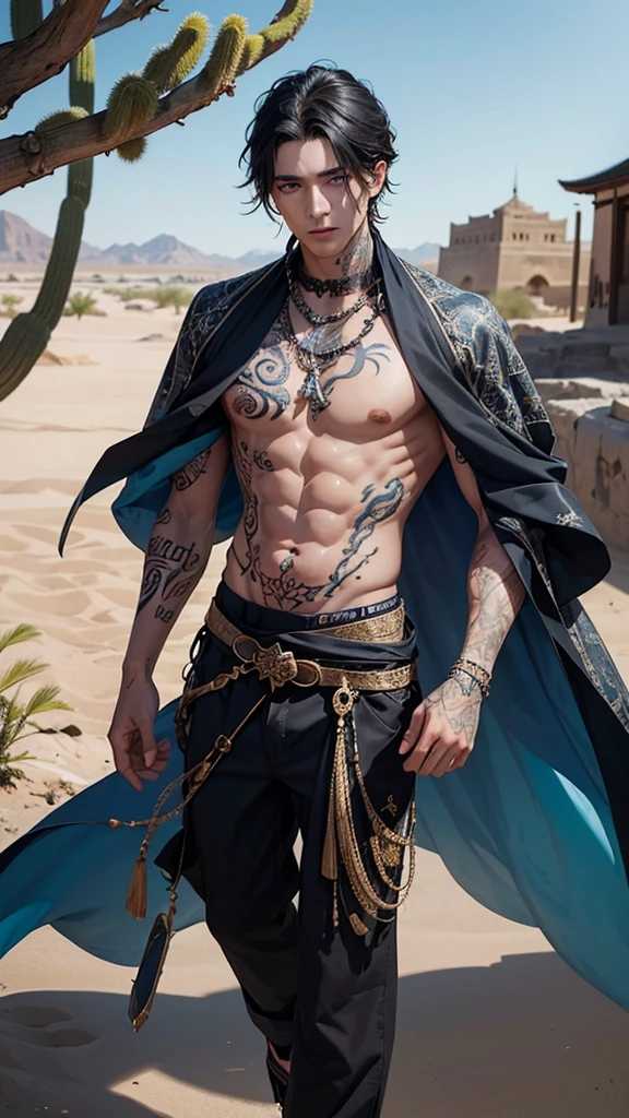 Young man, effeminate face, sorcerer, very short black hair, freckles, blue eyes, lots of tattoos, snake tattoo, rat tattoo, oriental pants, Japanese , oriental, desert, marble castle, blue magic, detailed face, detailed eyes, detailed hair, full body, desert greenery, desert plant, wind, magic wand, Arab city.