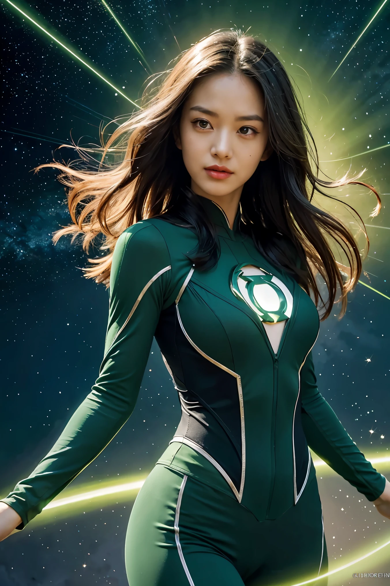 (best quality, 4k, highres, photorealistic), (concept art: 1.2), (bright colors: 1.1), (glowing effect: 1.1), (intense green: 1.2), (dynamic pose: 1.1), (powerful aura: 1.2), (fierce expression: 1.1), (sparkling eyes: 1.1), (flowing hair: 1.1), (ethereal beauty: 1.3), (background: cosmic scenery), (cosmic energy: 1.2), (vibrant stars: 1.1), (energy beams: 1.1), (futuristic technology: 1.2)
A beautiful woman with lined lips, wearing a green bodysuit that tightly hugs her muscular and toned skin. Her outfit covers her navel and is adorned with intricate makeup designs. She is the iconic Green Lantern, a superhero with extraordinary powers from the DC Comics universe.
This version of Green Lantern is a muscular and powerful female character, wearing an all-green uniform that accentuates her figure. Her bodysuit is fitted to her form, emphasizing her curves. The viewer's attention is drawn to her medium-sized breasts, which are beautifully detailed and add to her realism and overall aesthetic.
As she looks directly at the viewer, her captivating gaze is enhanced by the realism of her eyes, which sparkle with intensity. Her expression is fierce and determined, displaying her unwavering dedication to protecting the innocent.
The artwork is of the highest quality, with a resolution of 4K, showcasing every ultra-detailed aspect of the beautiful woman. The photorealistic style brings her to life, making her appear as if she could step off the canvas and into reality.
The artist has captured the essence of Green Lantern's power and aura, with a vibrant and dynamic pose. Her body emanates a powerful and glowing green energy, which forms a captivating background of cosmic scenery. The starry night sky is filled with vibrant and vivid colors, giving the artwork an otherworldly feel.
The cosmic energy radiating from Green Lantern is depicted through energy beams and futuristic technology surrounding her. The intensity of her power is further emphasized by the bright and glo