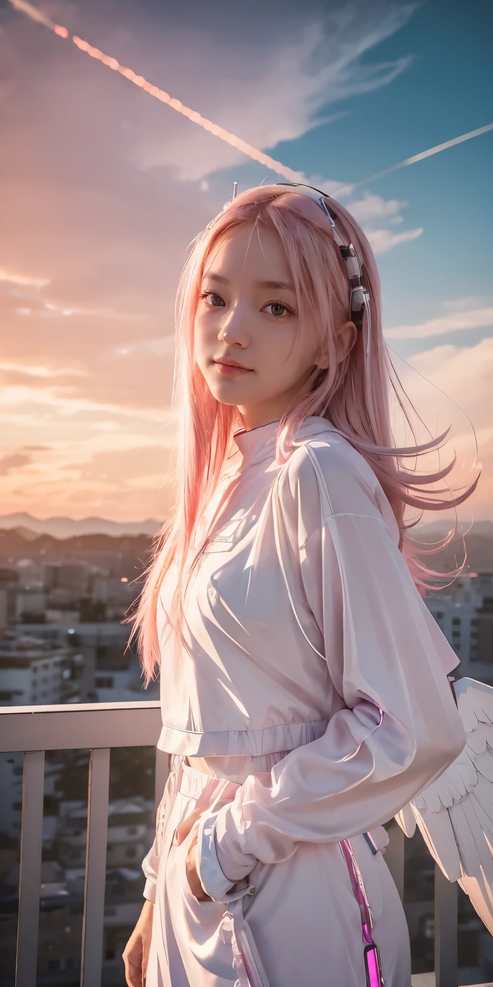 ((masterpiece, best quality, extremely detailed), volumetric lighting, ambient occlusion, colorful, glowing),
1girl, solo, young girl, (pink hair), long hair, halo, aura, sacred, godness, cyber suit, (white outfit:1.3), android, bot, angel wings,
outdoors, sunset, sky, clouds, space, (cyberpunk theme:1.2),