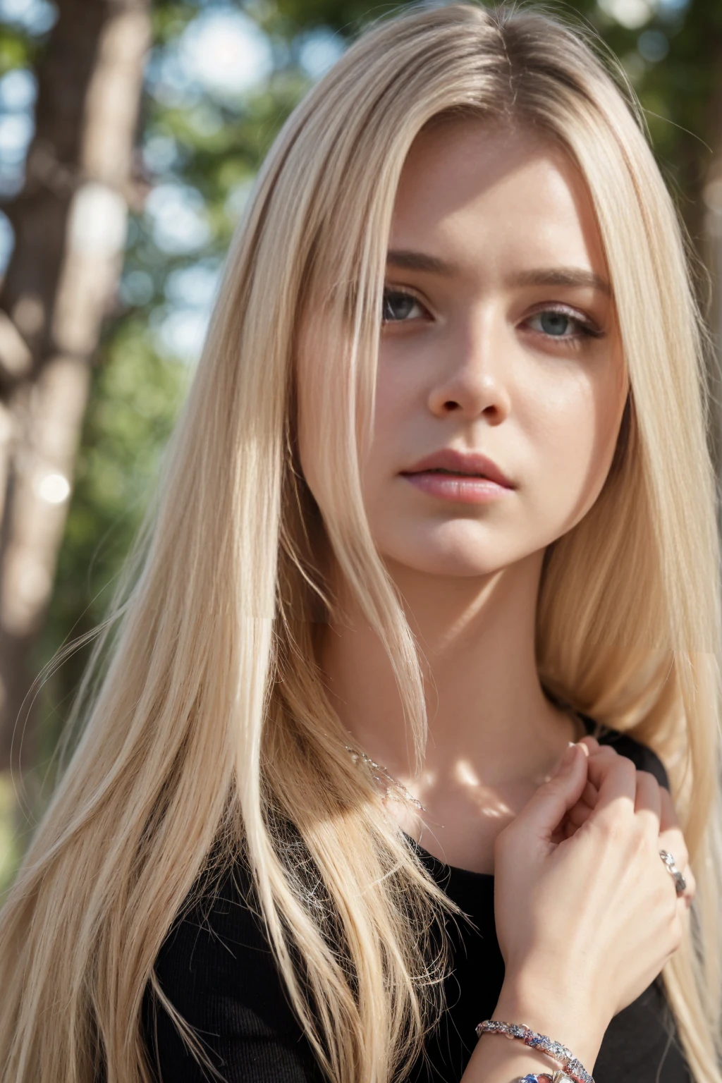 Meisterwerk, best quality, 18 year old Russian girl, jung, Hands in Esposas (FrauEhefrauBlonde , wellig, Mittellanges Haar ohne Styling, Armband am linken Handgelenk, Halskette um den Hals, His skin was covered with goose bumps., pretty face, thin body, wohlgeformte Beine, tears en los ojos, Verteilen Sie Mascara um Ihre Augen. ,Stunned, frightened look , The body turns red , tears, Hysterismus, Furcht, Bitten um Gnade, wolliges Fell,sunny weather,sitting,blonde,in a disco