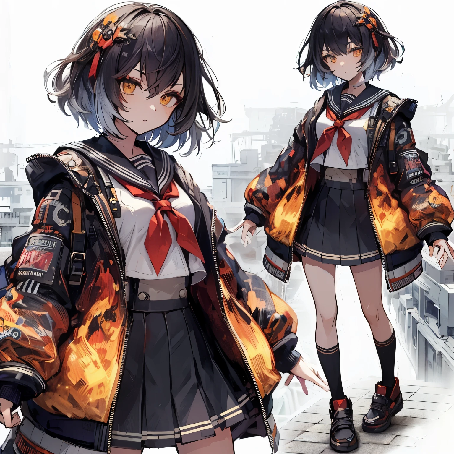 (Masterpiece, top quality), (detailed hair), super detailed, anime style, full body, solo, Cyberpunk rogue high school girl, medium short black hair mixed with gray, wearing fire patterned jacket over black sailor uniform, school shoes, standing in urban area, white background, whole body,