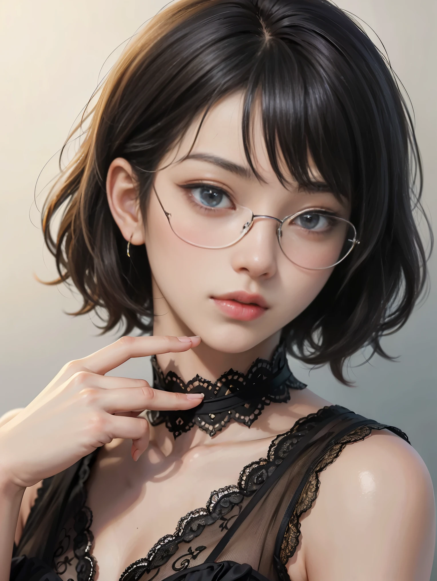 ((artwork、highest quality、Very detailed、High resolution、Realistic、Sharp focus、Cinema Lighting))、(1 girl)、One shot, Not a failure、Beautiful Face、Realistic Face、(Black Hair、Boys Short Hair、Cut Style、Cut out)、Beautiful hairstyle、Realistic eyes、Beautiful and beautiful eyes、Realistic Skin、Beautiful Skin、Capue Organized、charm、Golden Ratio、Glasses