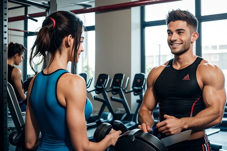 You are in a gym working out with modern equipment.  You see a couple opposite relaxing.  They are in their early twenties with swimmers physiques. They notice you watching and give a warm smile.  