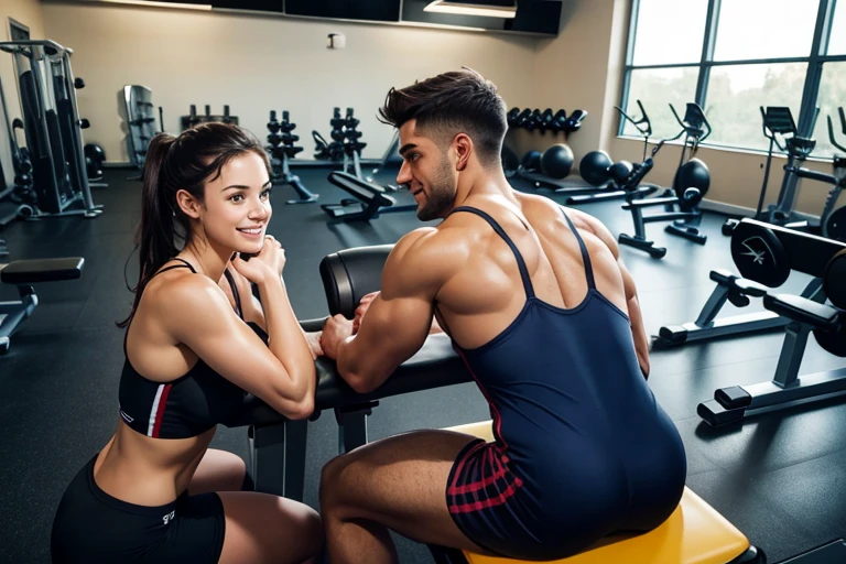 You are in a gym working out with modern equipment. You see a couple opposite relaxing. They are in their early twenties with swimmers physiques. They notice you watching and give a warm smile.