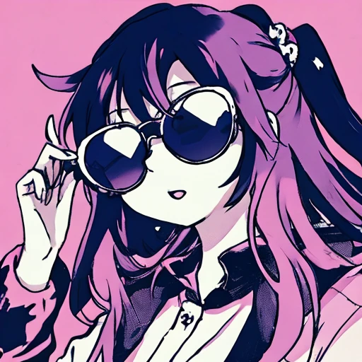 Trippy anime girl with sunglasses, chaotic, simple colors