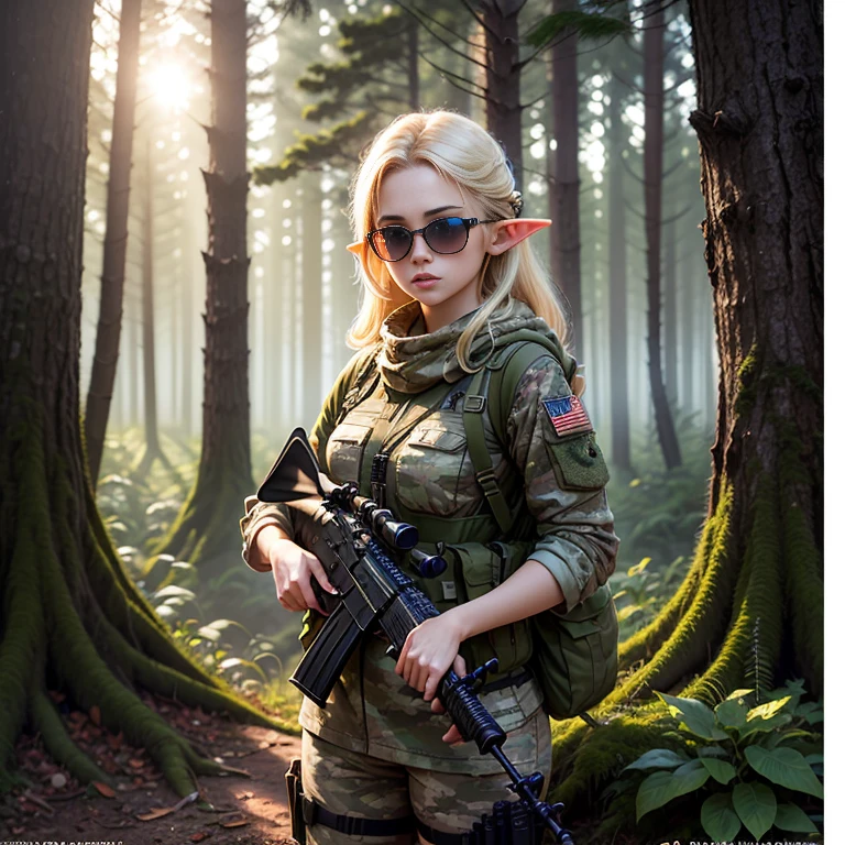 very beautiful elf girl, blonde, young, in camouflage clothes, Stunning, sniper rifle, realistically, professional photo, dark forest, Sun glare, detailing, sunglasses