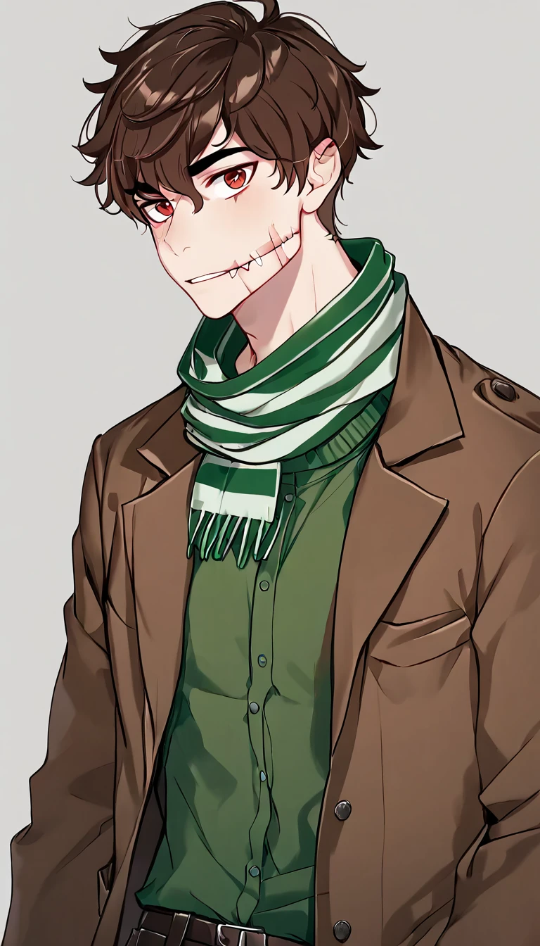 man, short brown hair, scarred face, stitches, striped scarf, green shirt, brown coat, full , body
