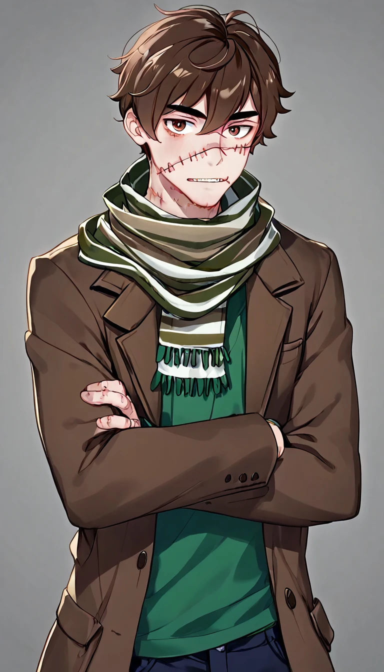 man, short brown hair, scarred face, stitches, striped scarf, green shirt, brown coat, full , body
