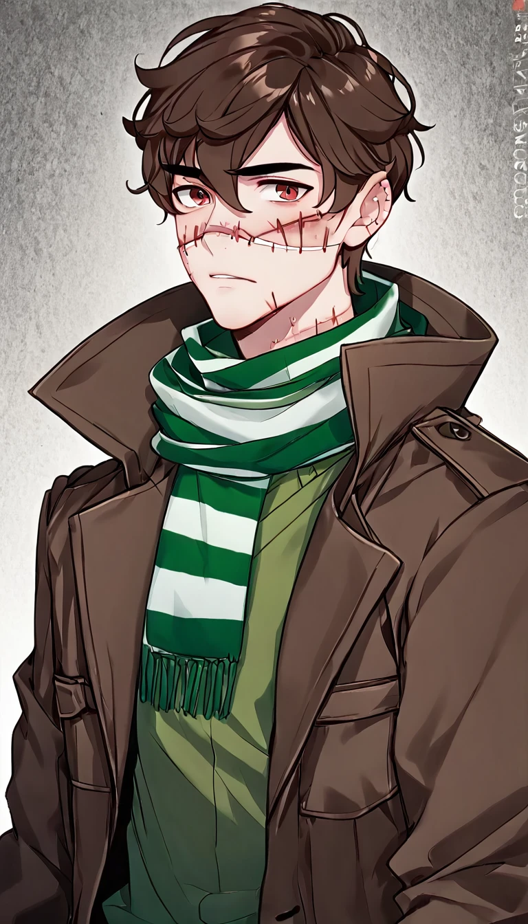 man, short brown hair, scarred face, stitches, striped scarf, green shirt, brown coat, full , body
