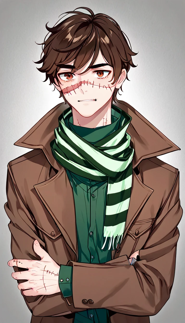 man, short brown hair, scarred face, stitches, striped scarf, green shirt, brown coat, full , body
