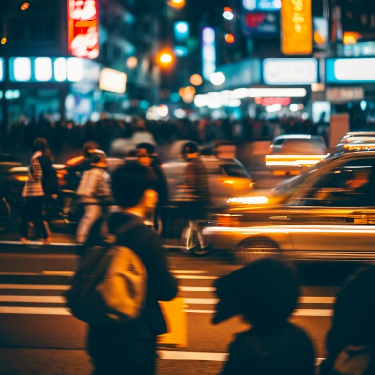a bustling city street at night, with people passing by in a blur, but with one figure standing apart, looking out at the scene with a sense of isolation amidst the crowd?
