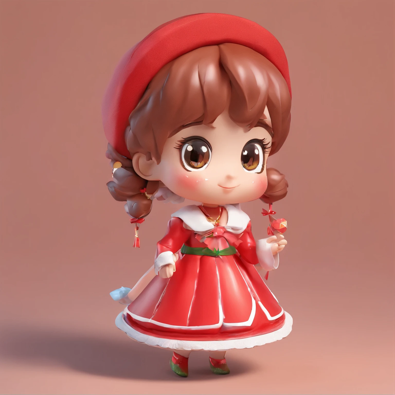 super cute girl IP by pop mart, Bright eyes, Pepper fairy,small red dress,a blind box toy, Glossy and delicate,Clean background, Good gloss, 3D rendering of,Best quality