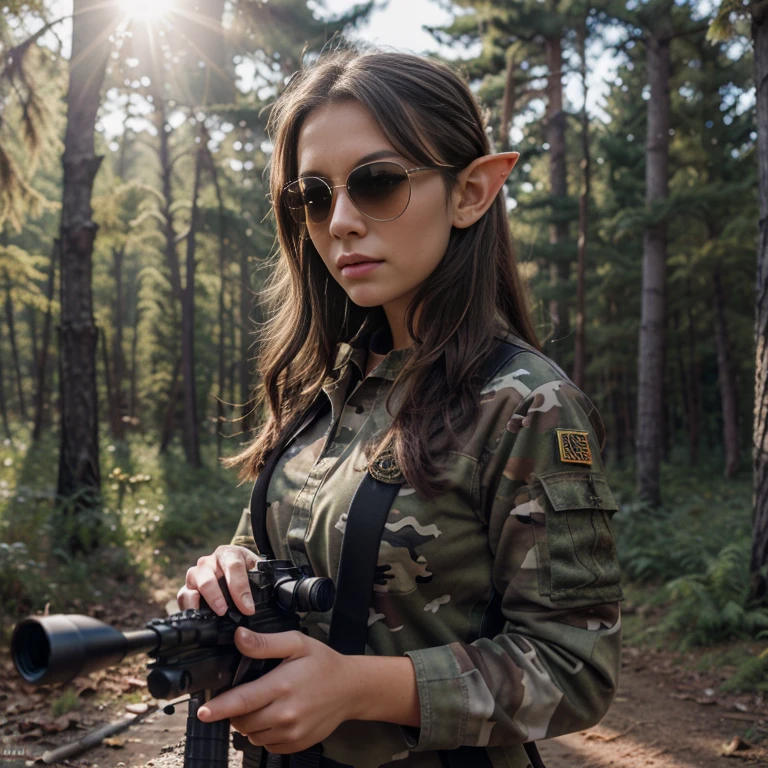 very beautiful elf girl, blonde, young, in camouflage clothes, Stunning, sniper rifle, realistically, professional photo, dark forest, Sun glare, detailing, sunglasses