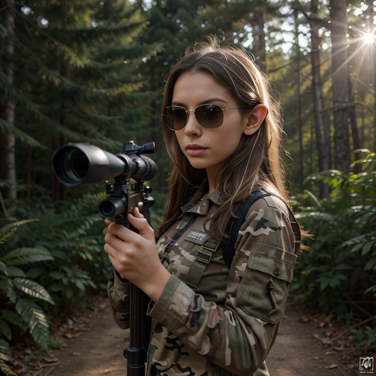 very beautiful elf girl, blonde, young, in camouflage clothes, Stunning, sniper rifle, realistically, professional photo, dark forest, Sun glare, detailing, sunglasses