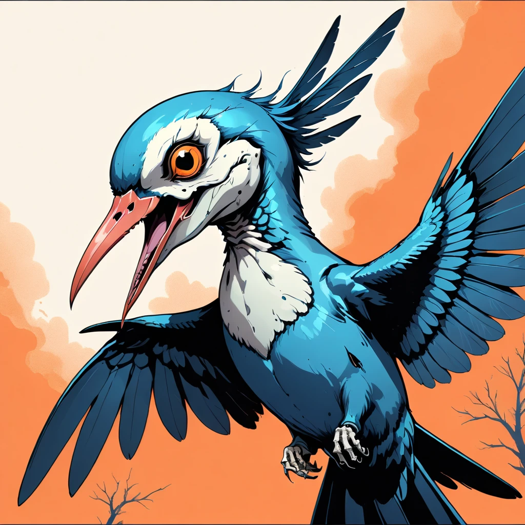 illustrate candid bird portrait, a skull hummingbird (in the style of skull butterfly), metallic blue and orange feathers with bone white skull hummingbird head, sinister unsettling unnatural aesthetics, bird horror, body horror, cerebral horror, visceral horror, cinematic poster, wordless single image, vintage horror film framing compositon aesthetics, dark horror film coloring, bleak, overwhelming dread, in flight, floating, moment in time, sense of movement and energy, expressive hyperrealism rotoscope hand drawn animated cel, 

