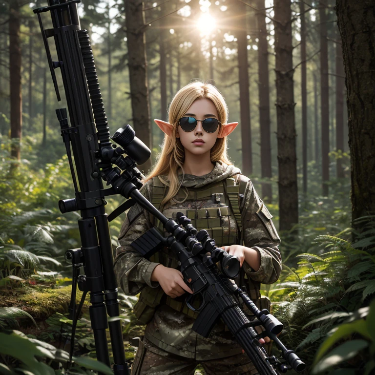 very beautiful elf girl, blonde, young, in camouflage clothes, Stunning, sniper rifle, realistically, professional photo, dark forest, Sun glare, detailing, sunglasses