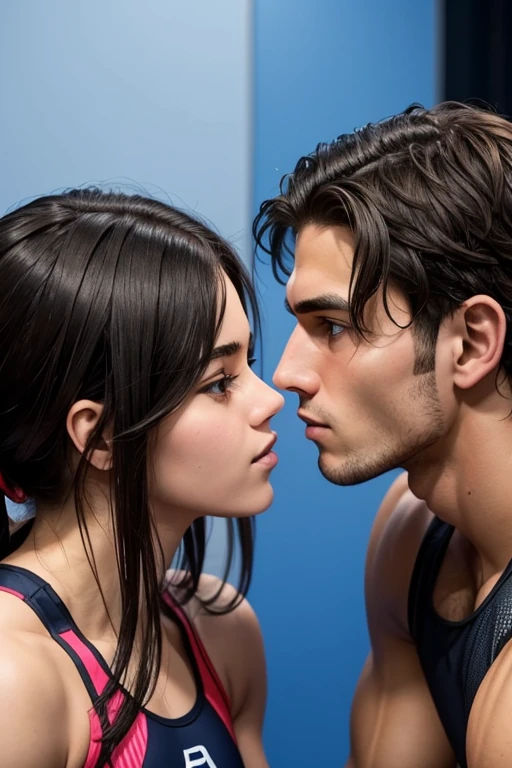You are in a gym working out with modern equipment. You see a couple opposite kissing. They are in their early twenties with swimmers physiques.